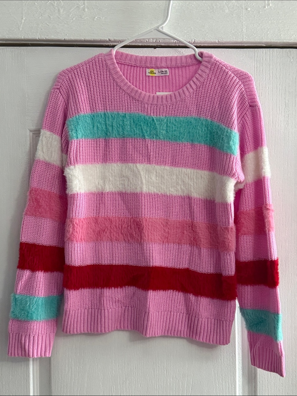 Epic Threads Pink Multi-Stripe Crewneck Sweater with Aqua & Red Accents